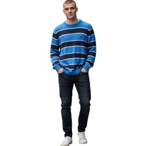 Chaps Blue Navy Striped Cotton Crewneck Sweater Men’s M Classic Preppy Knit